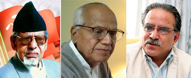 मनमोहन अधिकारी, कृष्णप्रसाद भट्टराई र पुष्पकमल दाहाल (बाँयाबाट क्रमशः)